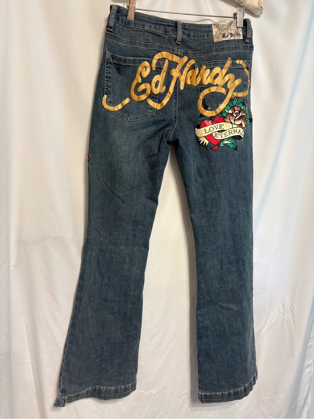 Ed Hardy Y2K Women's Blue Denim Jeans with Gold Script and Tattoo Graphic SZ 30